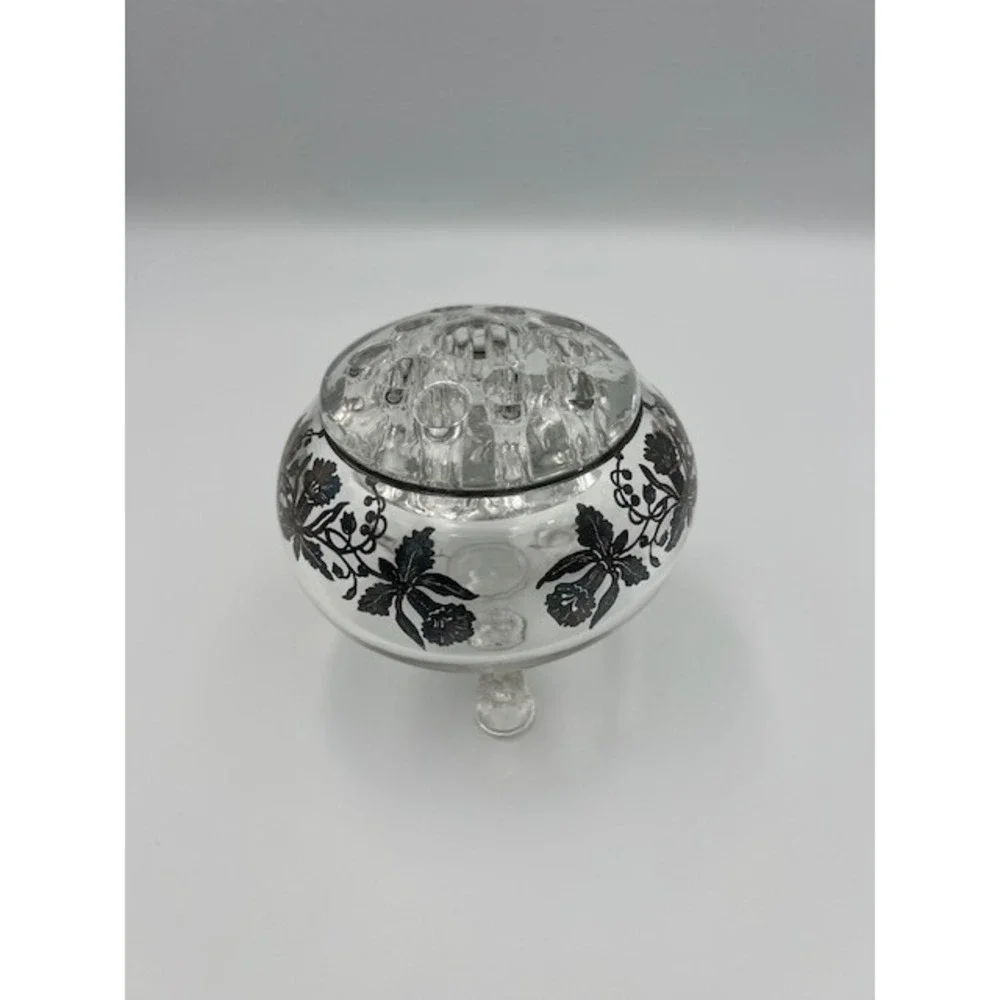 Viking Glass Vintage 3 Footed Rose Bowl Flower Frog Silver Overlay Floral Clear